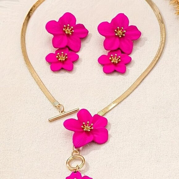 Pink Flower Jewelry Set Necklace Earrings Chic Summer Seaside Gift for Her - Picture 7 of 7